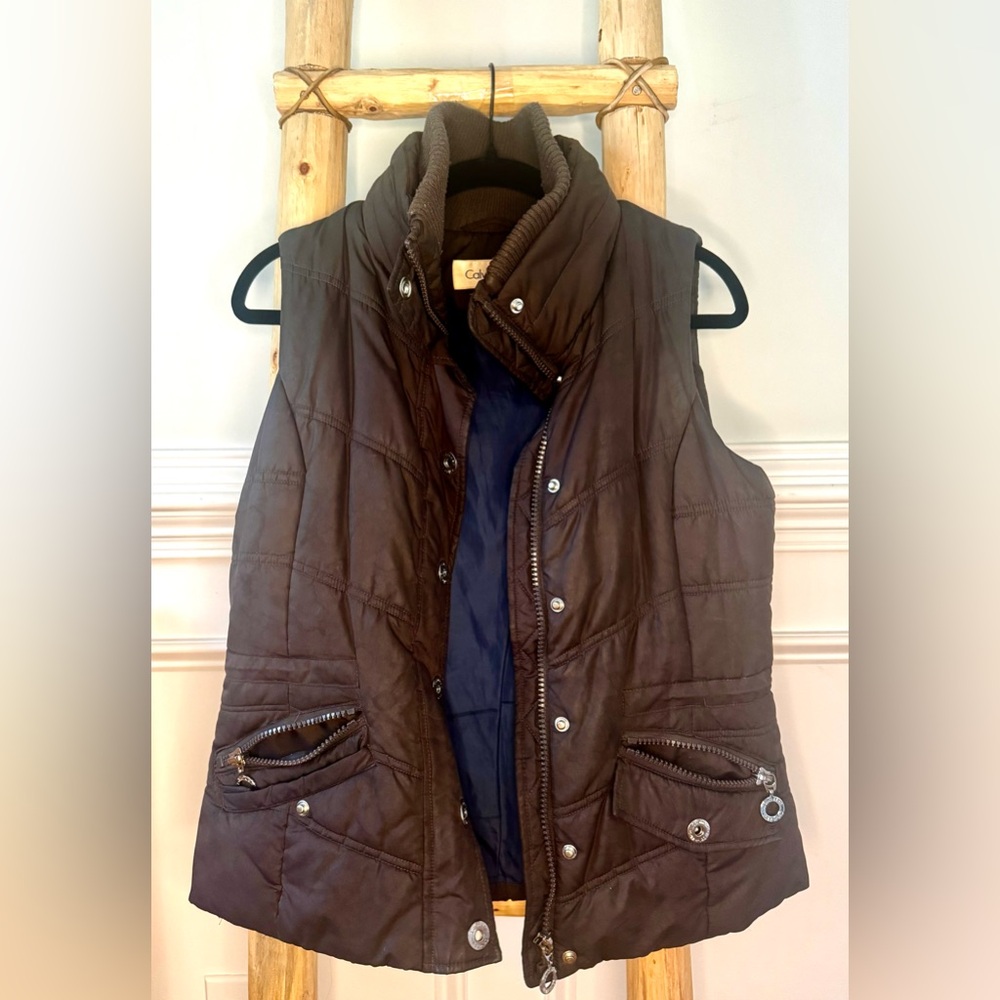 Calvin Klein Charcoal Quilted Puffer Vest with Ribbed Collar, Size M